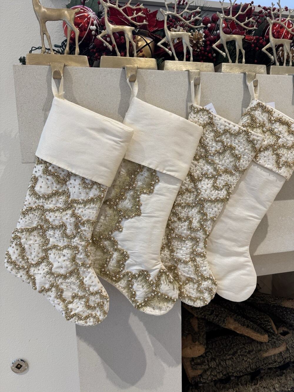 Neiman Marcus 19” White Gold Hand Beaded Full Mist Christmas Stocking